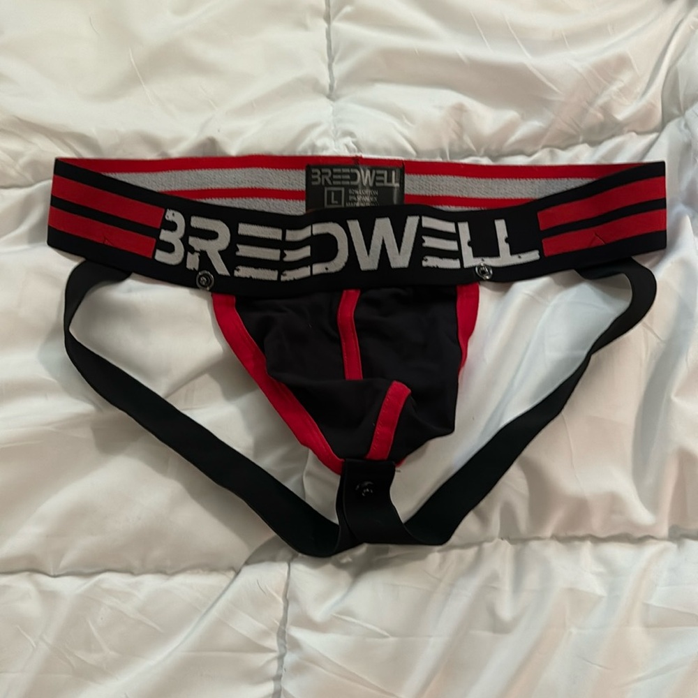 Breedwell Black with red Stripes Jockstrap with hardware for touchable codpiece